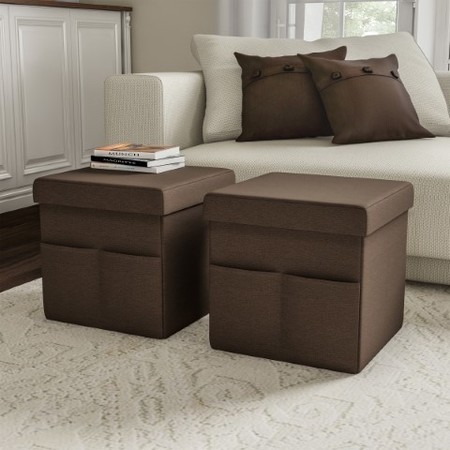 HASTINGS HOME Foldable Storage Cube Ottoman with Pockets Multipurpose Organizer for Home (Pair, Linen Brown) 855599TYL